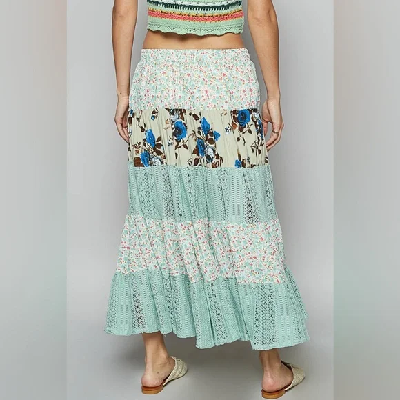 *Free Gift* POL Floral Patchwork Maxi Skirt - Mint and Cream - Picture 3 of 4